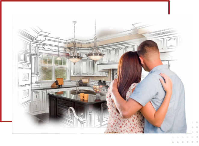 A couple is hugging in the kitchen of their new home.