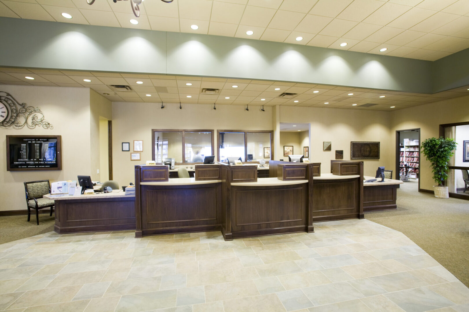 A large room with many counters and lights