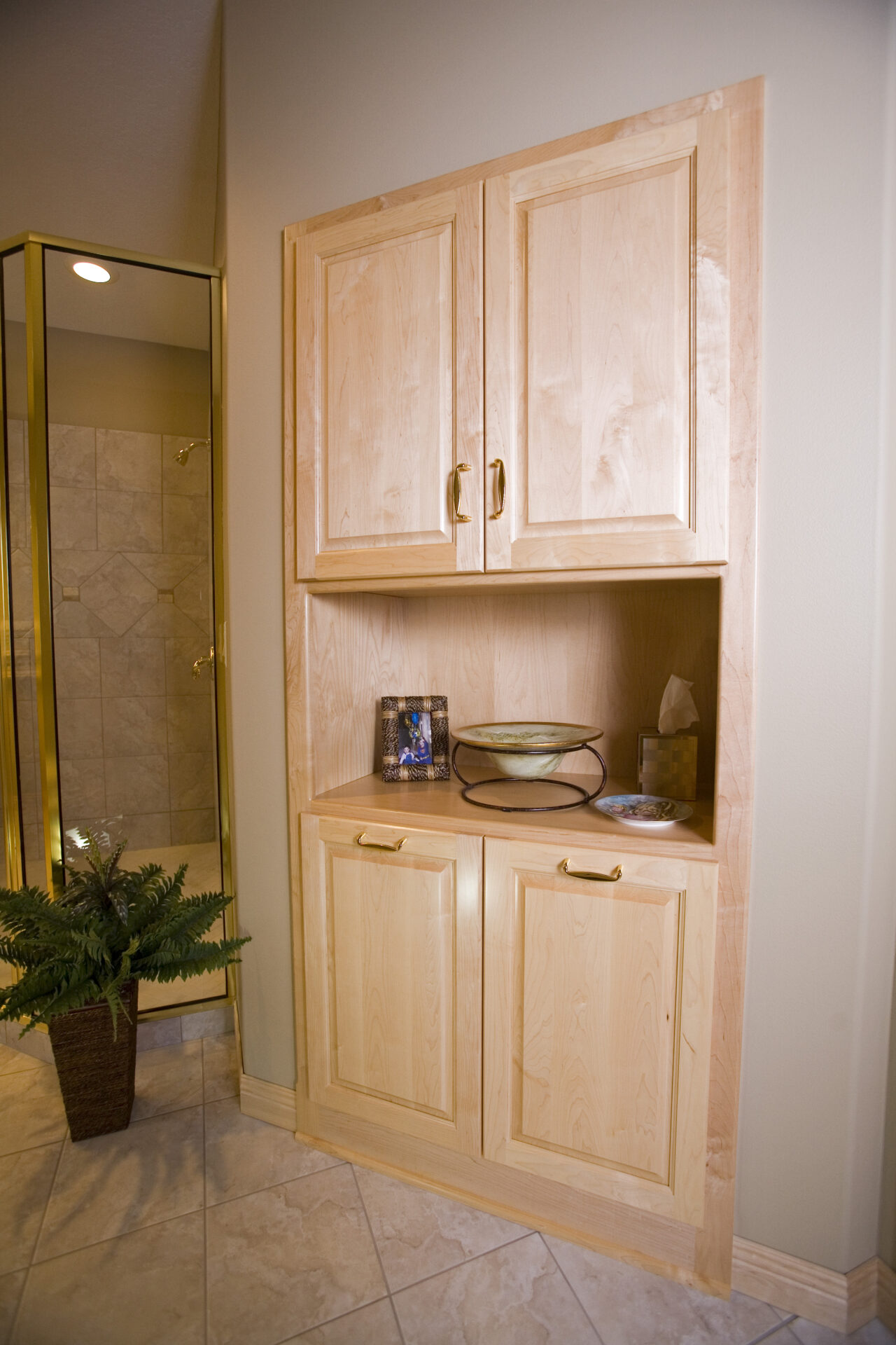 A bathroom with a plant and a cabinet